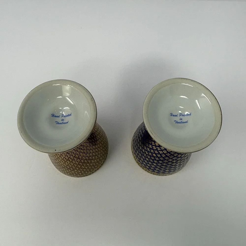 Vintage Thai Benjarong Porcelain Goblets Cup Saucer Set Hand Painted Gold